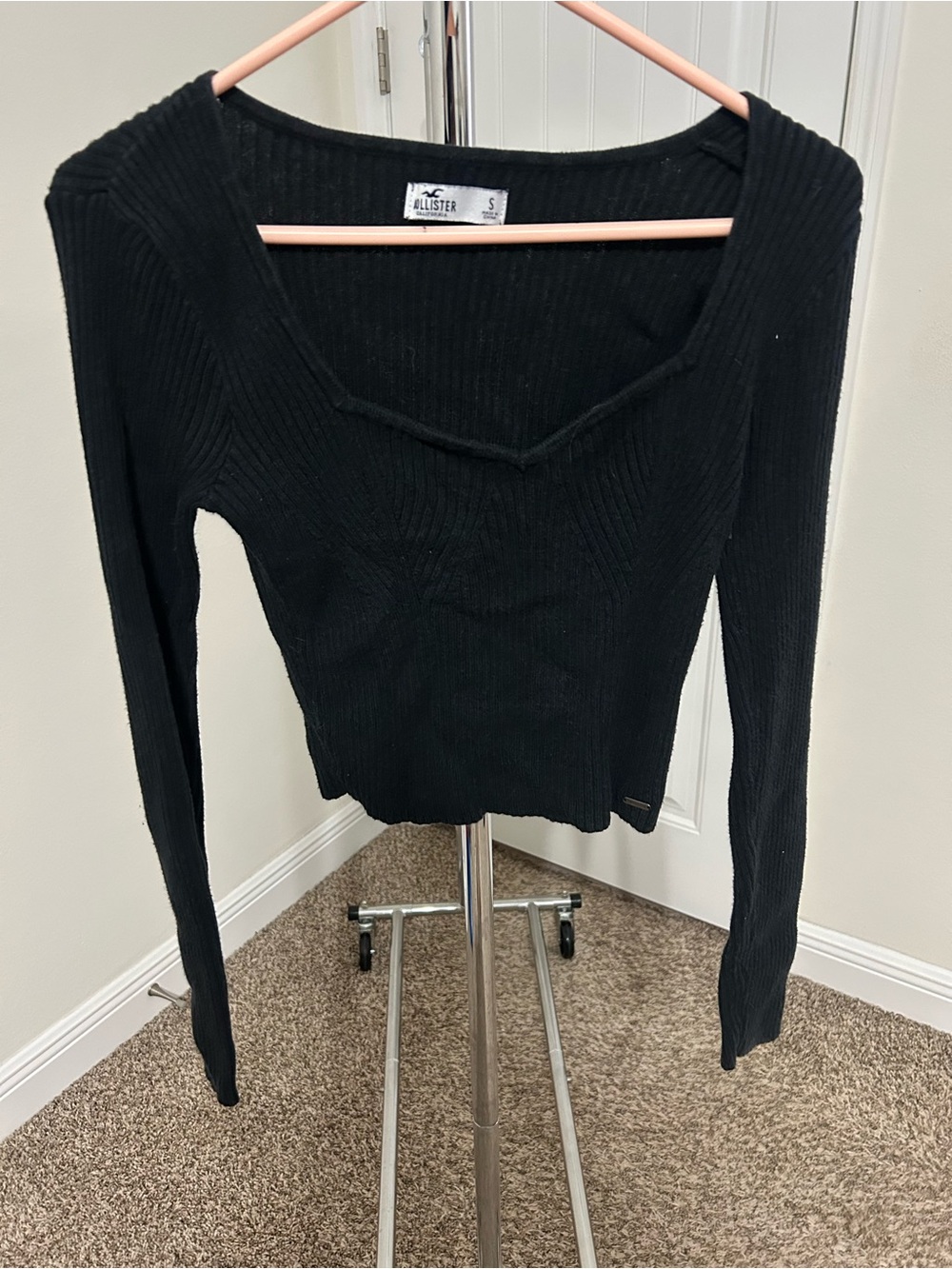 Hollister Black Ribbed Square-Neck Long Sleeve Top